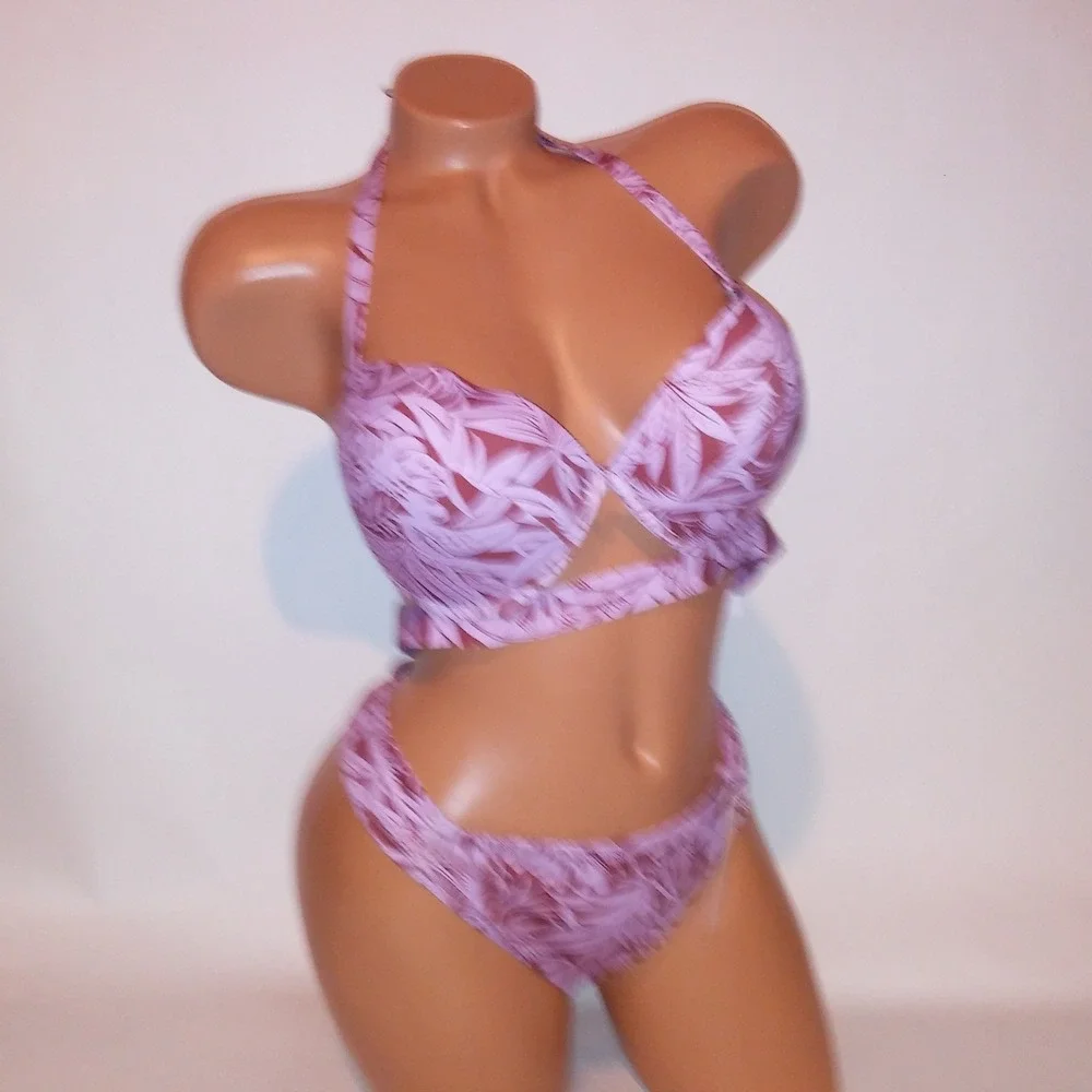 Victoria Secret Swim Bikini 38C Top XL Bottom Purple Ginger Push Up Floral New